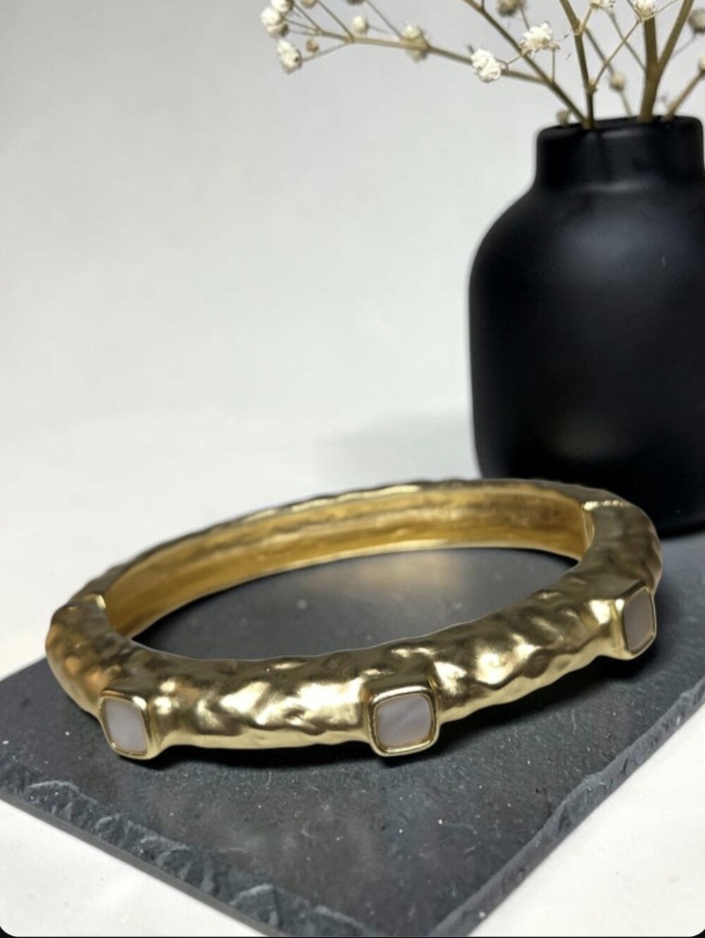 14k Matte Gold Plated Artisan Chunky Hammered Mother Of Pearl Stacker Bangle